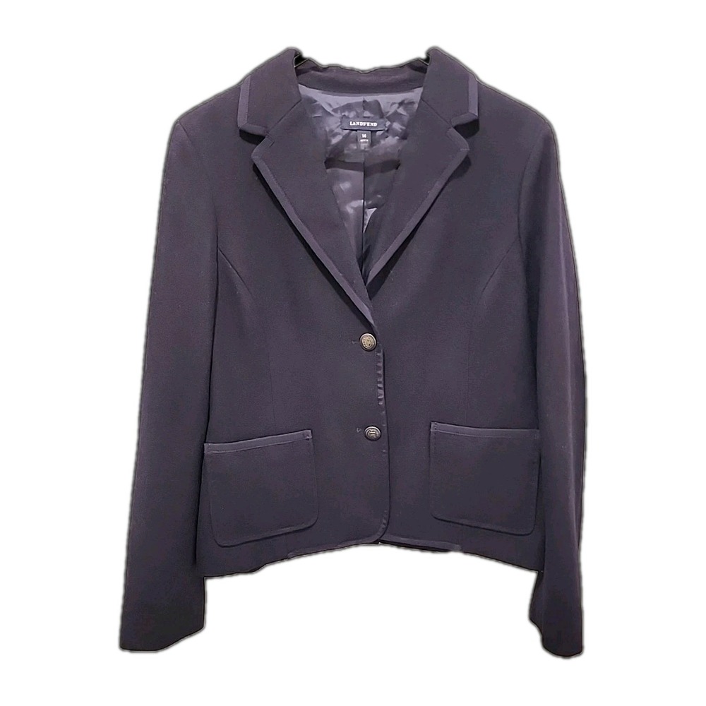 Lands End Navy Wool Blend Blazer Ribbon Trim Metal Buttons Dark Academia Preppy
